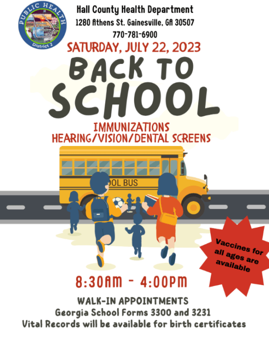 Back to School Immunization Event – July 22 – East Hall Middle School
